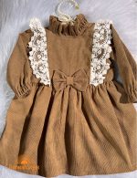 پیراهن کژوال دخترانه مخمل کبریتی پاپیون دار قهوه ای آیسل