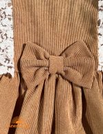 پیراهن کژوال دخترانه مخمل کبریتی پاپیون دار قهوه ای آیسل