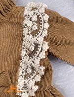 پیراهن کژوال دخترانه مخمل کبریتی پاپیون دار قهوه ای آیسل