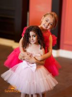 پیراهن پرنسسی توری پاپیون‌دار آریانا رنگ صورتی و سرخابی