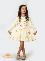 پیراهن کژوال دخترانه بچه گانه مخمل ترک گلدوزی شده رنگ کرم