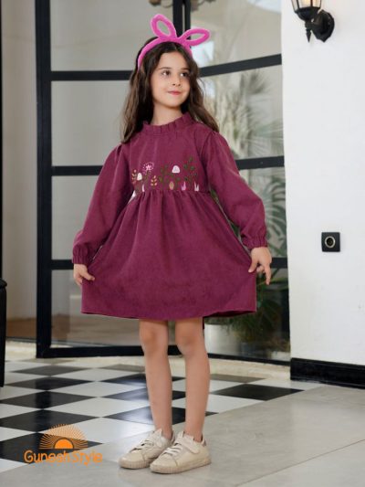 پیراهن کژوال دخترانه گلدوزی زرشکی بهار