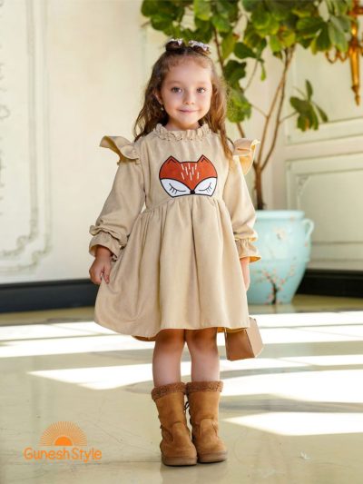 پیراهن کژوال دخترانه بچه گانه مخمل ترک مدل روباه رنگ کرم