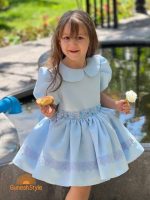 پیراهن پرنسسی ساتن آمریکایی بیبی یقه رنگ آبی آسمانی