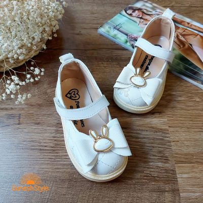 کفش تخت دخترانه چرم مدل پاپیون خرگوشی رنگ سفید