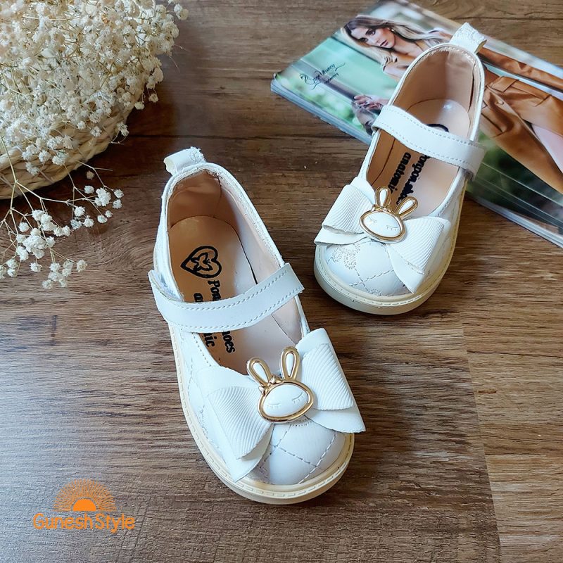 کفش تخت دخترانه چرم مدل پاپیون خرگوشی رنگ سفید