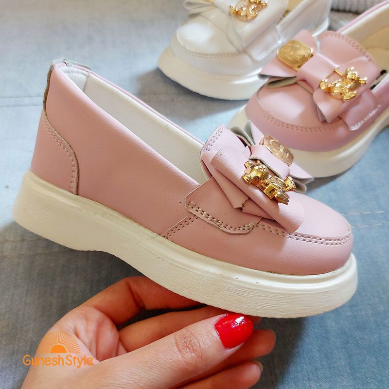 کفش تخت دخترانه چرم مدل تدی زیره سفید رویه صورتی