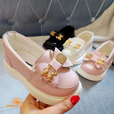 کفش تخت دخترانه چرم مدل تدی صورتی