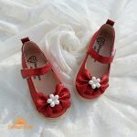 کفش بابت دخترانه چرم مدل پاپیون مرواریدی زرشکی