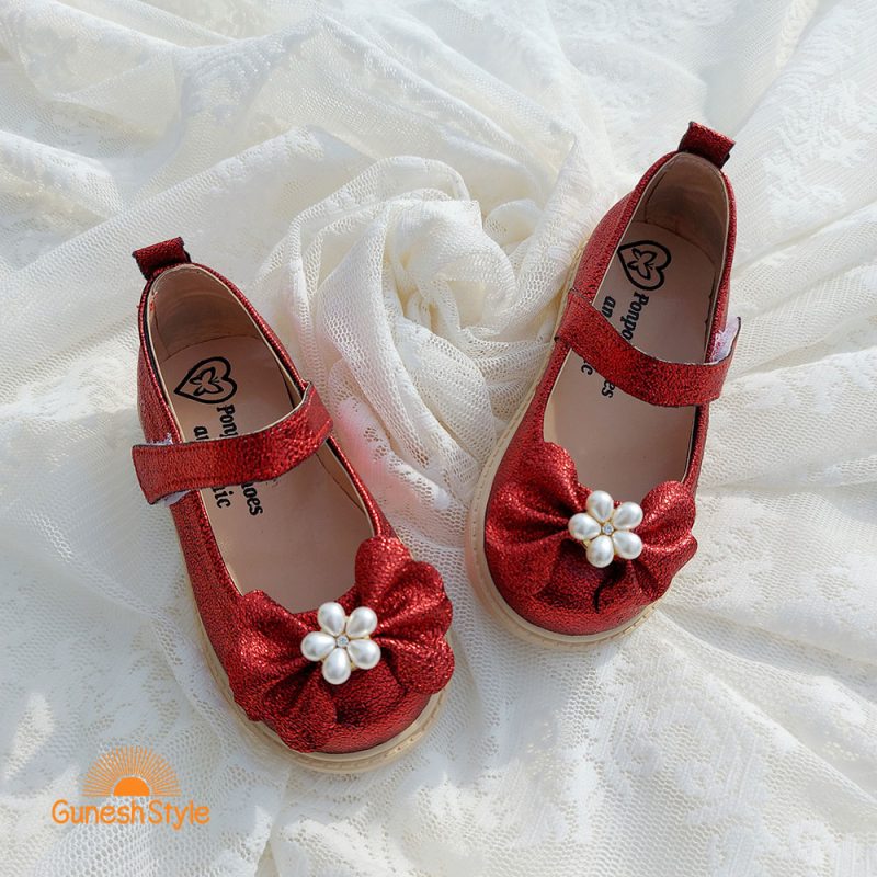 کفش بابت دخترانه چرم مدل پاپیون مرواریدی زرشکی