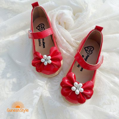 کفش بابت دخترانه چرم مدل پاپیون مرواریدی قرمز