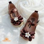 کفش بابت دخترانه چرم مدل پاپیون مرواریدی قهوه ای