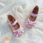 کفش بابت دخترانه چرم مدل پاپیون مرواریدی صورتی