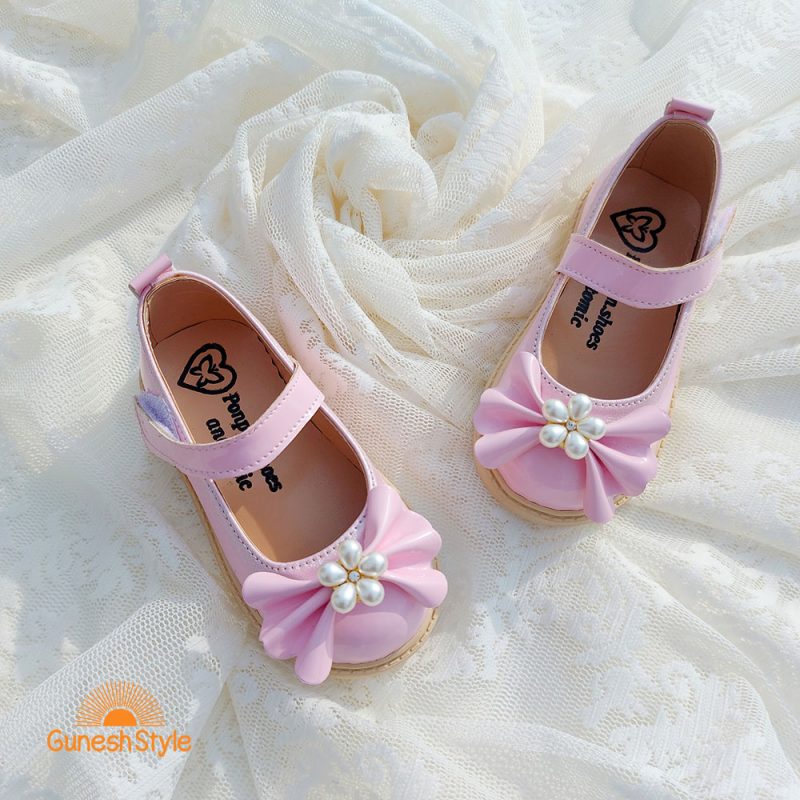 کفش بابت دخترانه چرم مدل پاپیون مرواریدی صورتی