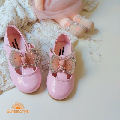 کفش بابت دخترانه چرم مدل خرگوش بالدار رنگ صورتی