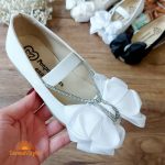 کفش مجلسی تخت دخترانه مدل پارلا ترکیب چرم و پارچه