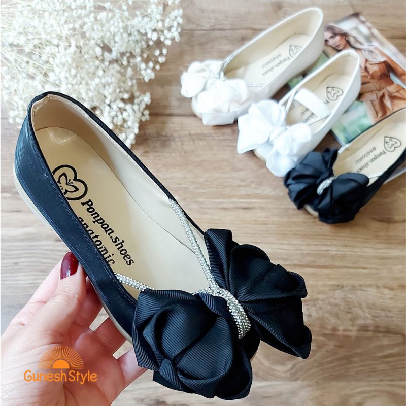 کفش مجلسی تخت دخترانه مدل پارلا ترکیب چرم و پارچه