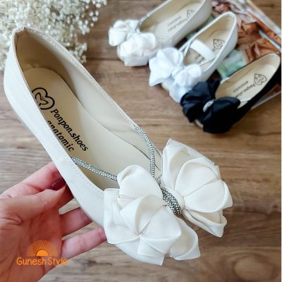 کفش مجلسی تخت دخترانه مدل پارلا ترکیب چرم و پارچه