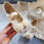 کفش بابت کرمی دخترانه چرم مدل مروارید