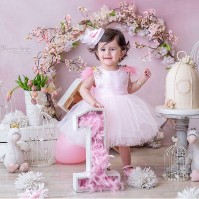 پیراهن پرنسسی ساتن و توری صورتی پشت پاپیون الا