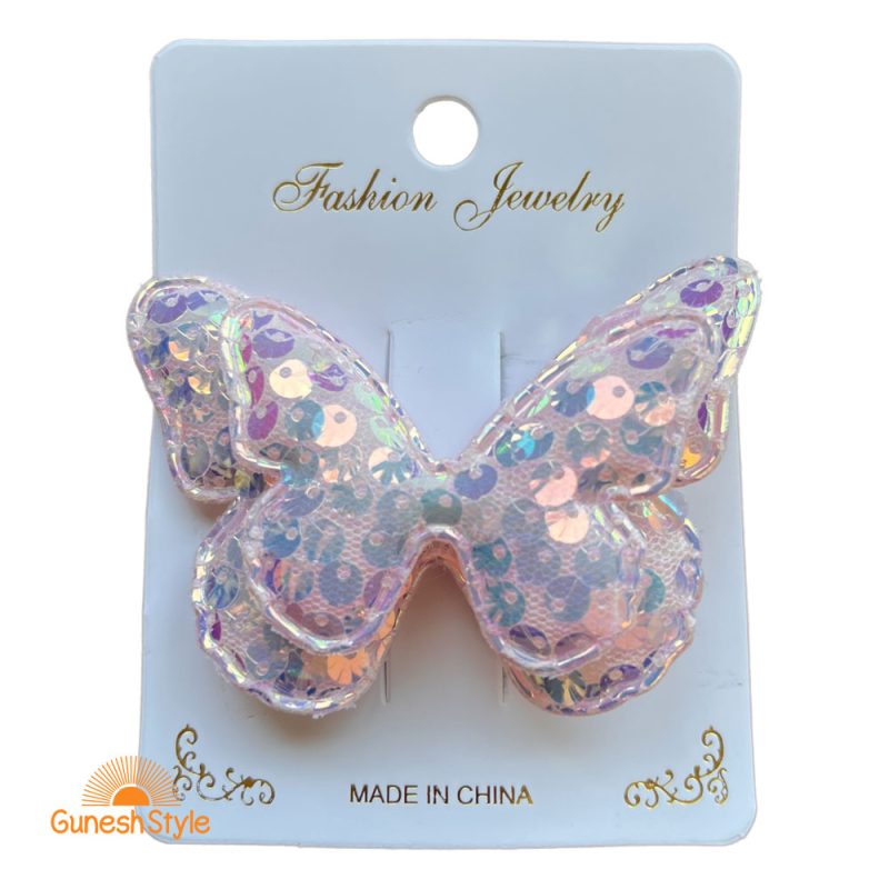 گیره مو انبری بچگانه پولکی مدل پروانه صورتی کم رنگ