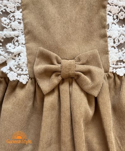 پیراهن کژوال دخترانه مخمل کبریتی پاپیون دار آیسل