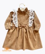 پیراهن کژوال دخترانه مخمل کبریتی پاپیون دار آیسل