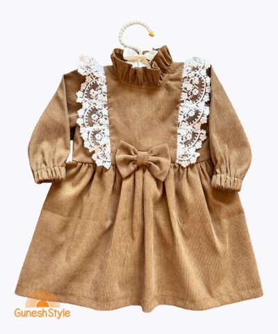 پیراهن کژوال دخترانه مخمل کبریتی پاپیون دار آیسل