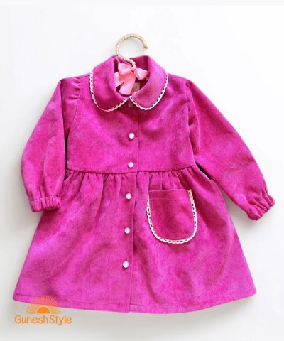 پیراهن کژوال دخترانه مخمل کبریتی صورتی تک جیب
