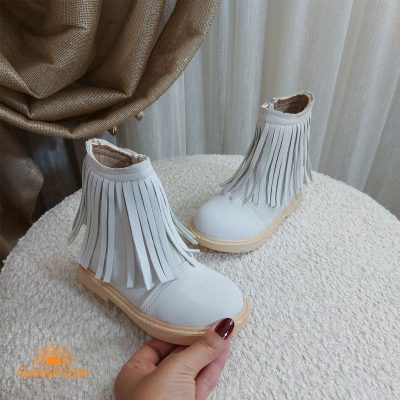 بوت دخترانه ریش ریش دار مدل دلارا رنگ سفید