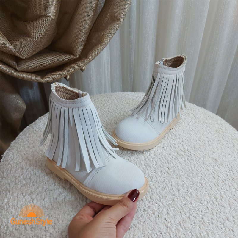بوت دخترانه ریش ریش دار مدل دلارا رنگ سفید