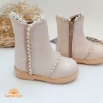 بوت دخترانه مدل مروارید رنگ کرم